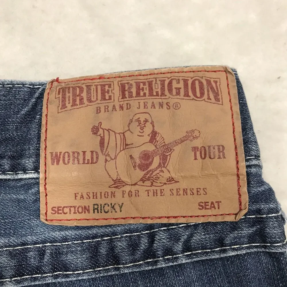 TRUE RELIGION Ricky Jean Men 34(36x28) Light Wash Whisker Distressed Flap Pocket